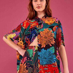 Farm Rio Black Cool Leopards Short Sleeve Button Down Shirt Size M